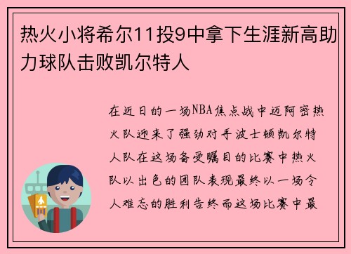 热火小将希尔11投9中拿下生涯新高助力球队击败凯尔特人